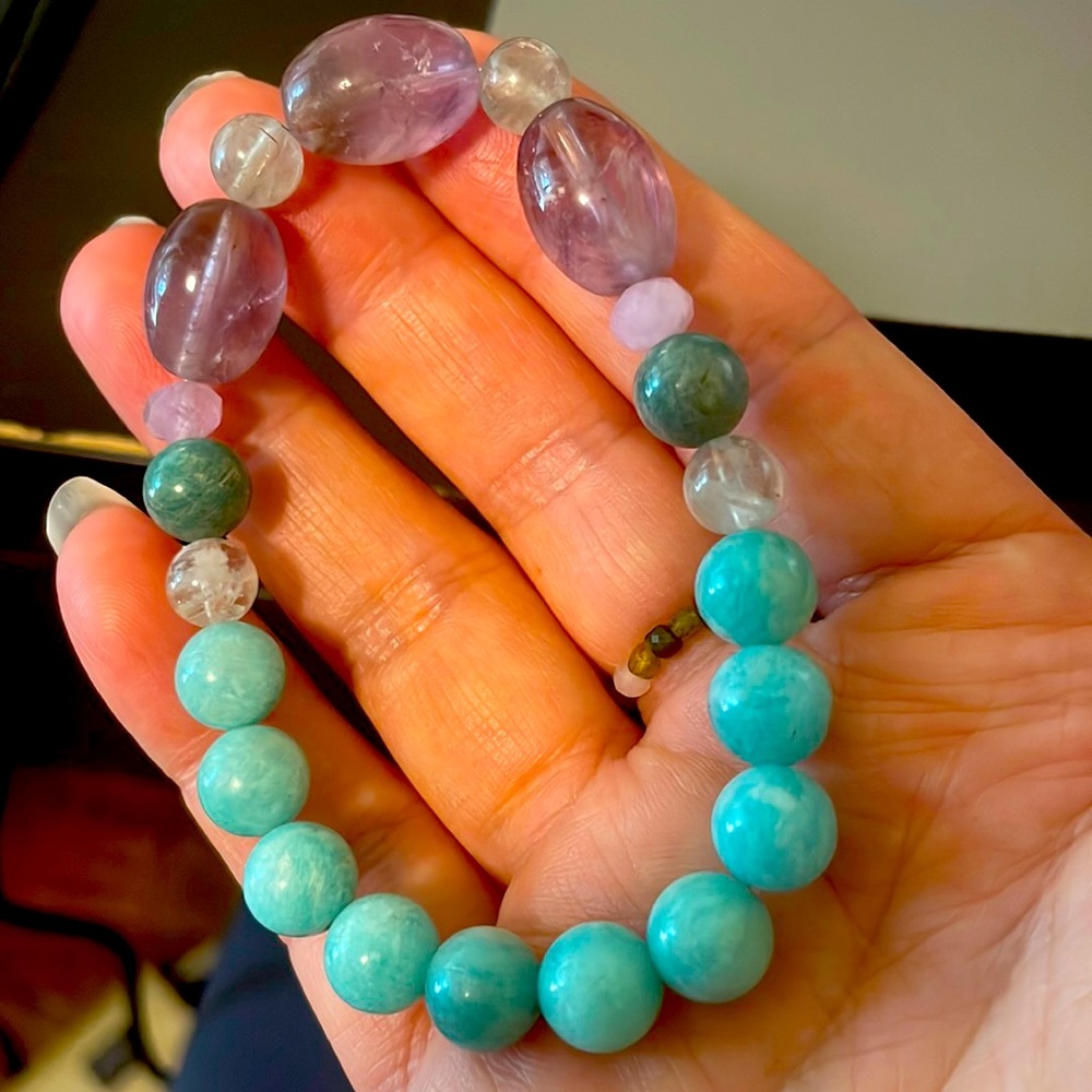Amerhyst, morganite and amazonite bracelet